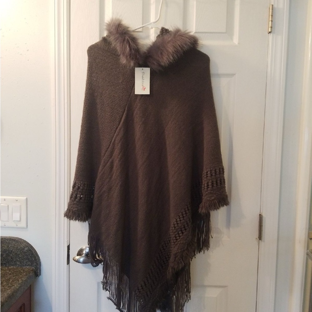 Brown Poncho Sweater with Faux Fur Trim